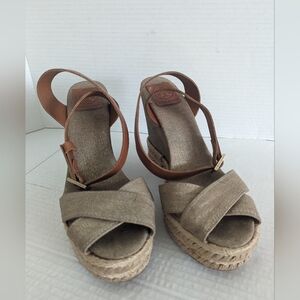 Tory Burch Fabian Metallic Gold Linen Jute Espadrille Wedge Platform Sandal 11B